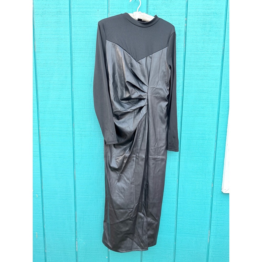 Matrix Black‎ Faux Leather Ruched Knot Front Midi Dress Mock Neck Size L